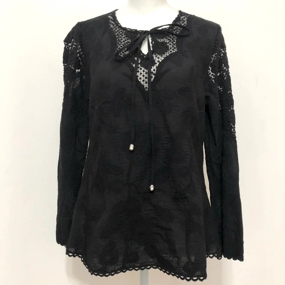 V Cristina Long Sleeve Crochet Accented Top